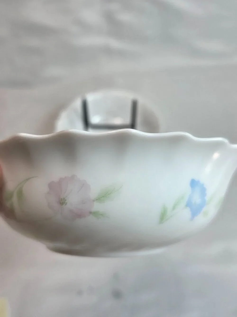 TWO Arcopal France Chloe Cereal Bowls White with Pink & Blue Flowers Scalloped